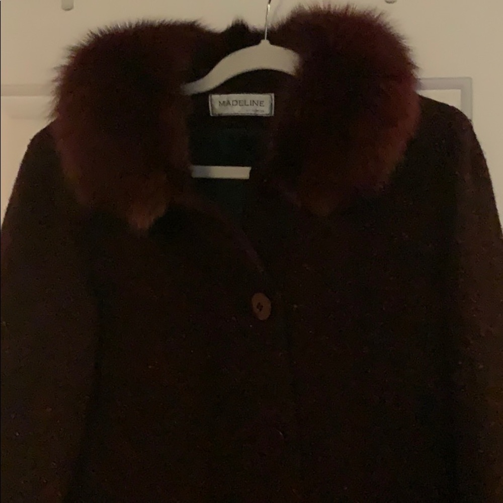 Lined wool blend coat with dyed rabbit collar